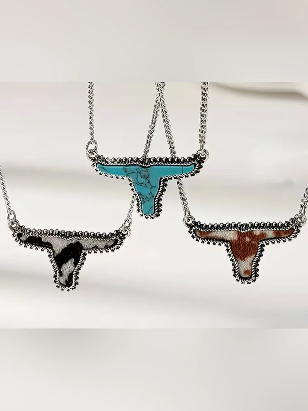 Brown & White Hair-On-Hide Style Longhorn Necklace Western Cowgirl